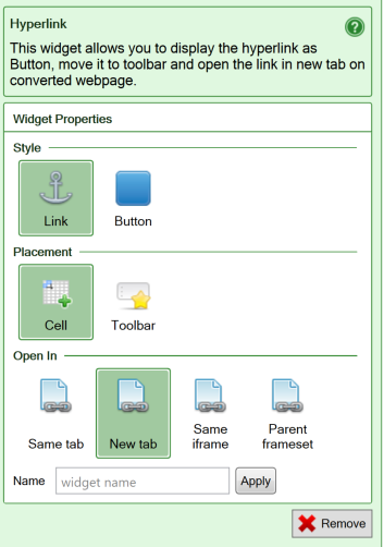 Screenshot of the settings for the Hyperlink widget