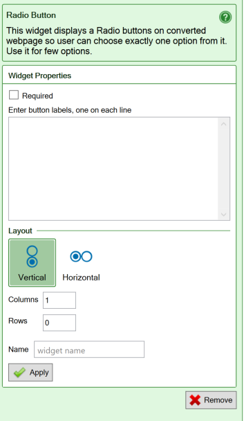 Screenshot of the settings for the Radio Buttons widget