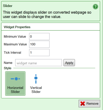 Screenshot of the settings for the Slider widget