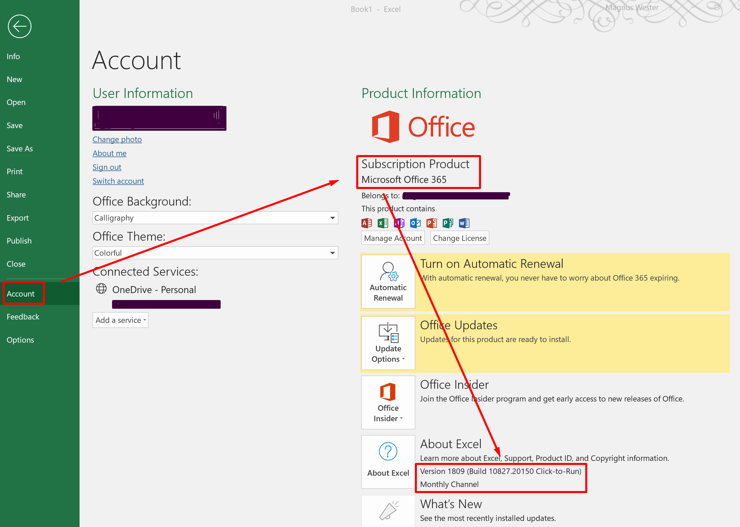 Screenshot of the File > Account screen in Excel