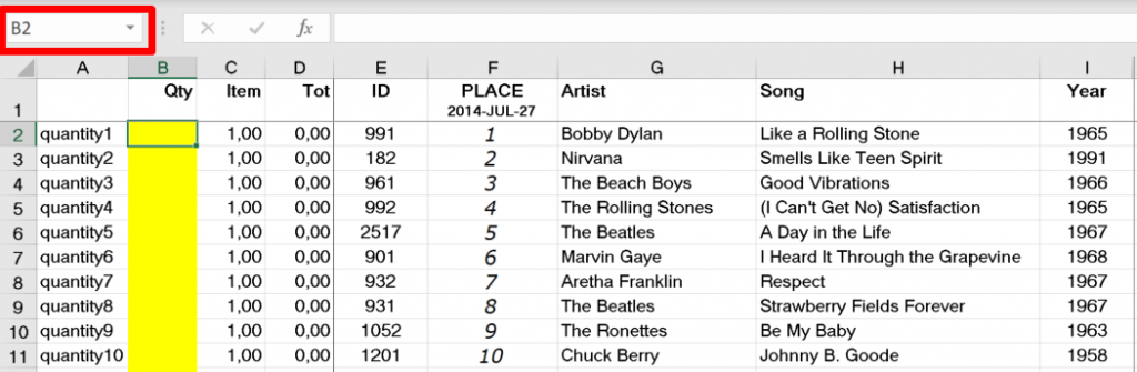 Screenshot of the order form with an added column containing the cell name calculated by a formula