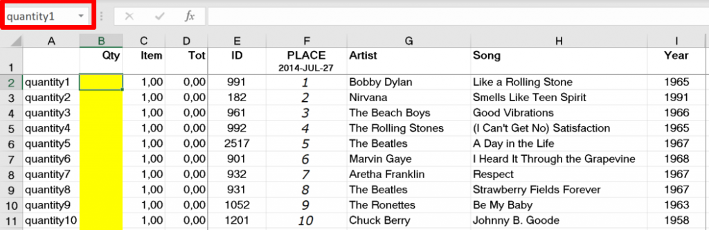 Screenshot of the order form where cells have been named from a column containing the cell name calculated by a formula