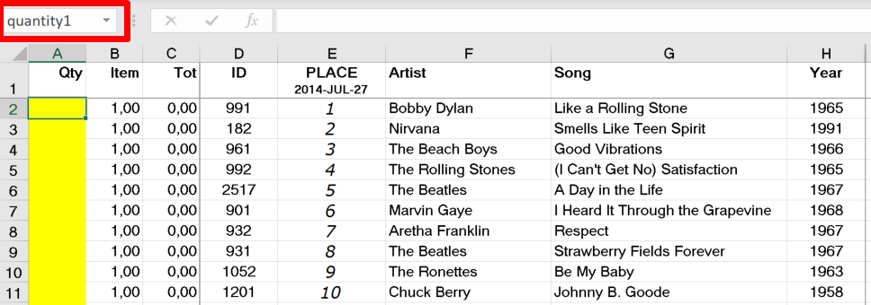 Screenshot of the order form after the extra column with the calculated cell names has been deleted