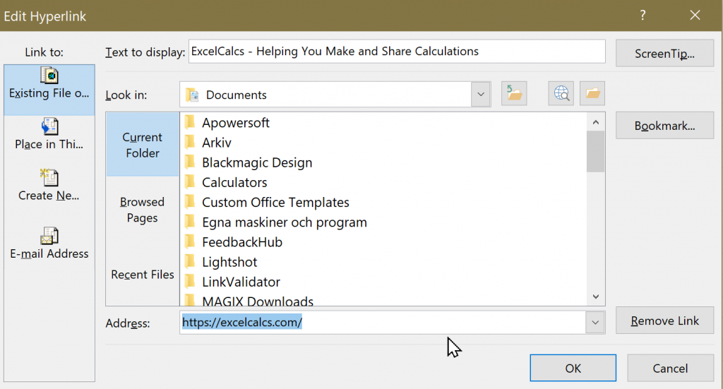 Screenshot of the Insert Hyperlink dialog with separate anchor text