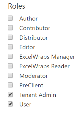 Screenshot of a user definition where roles have been ticked off in a list