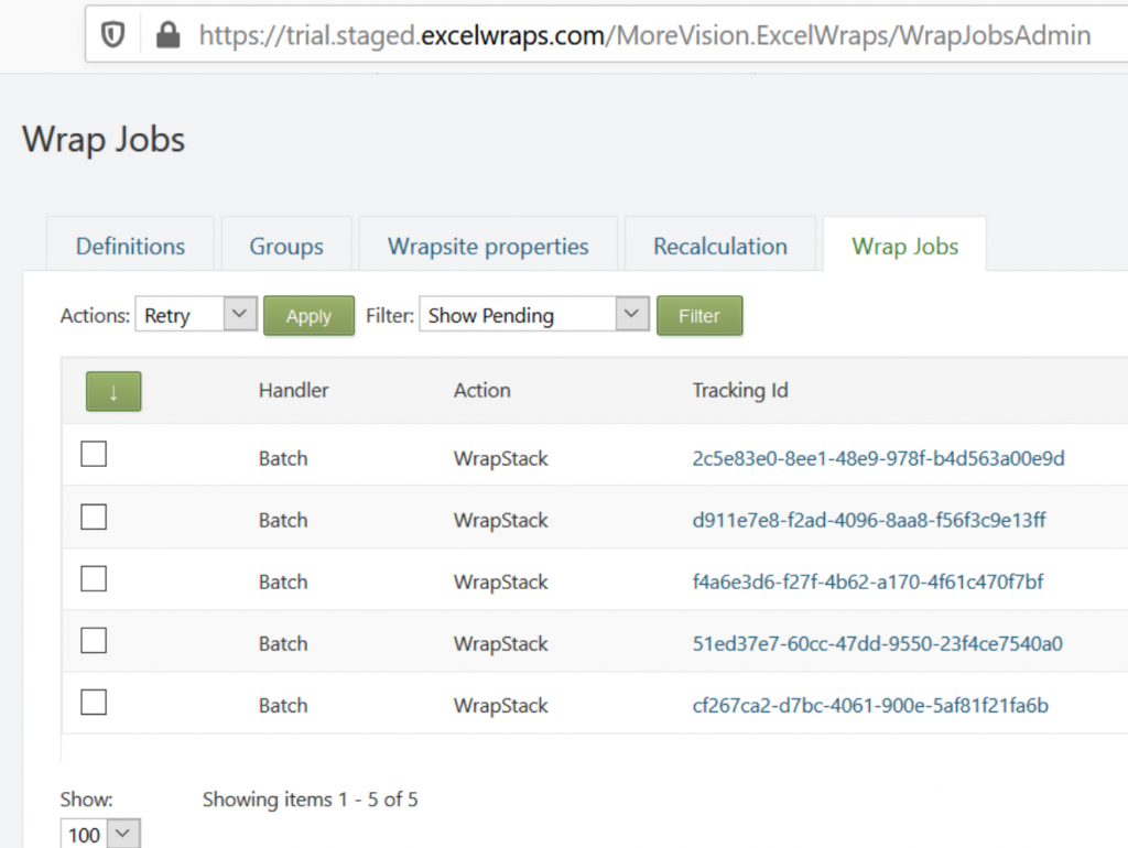 Screenshot of a job queue in ExcelWraps