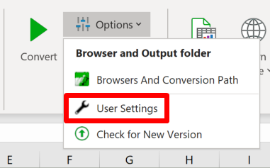 Screenshot of the User settings shortcut in the Options menu in the Convert section of the ribbon