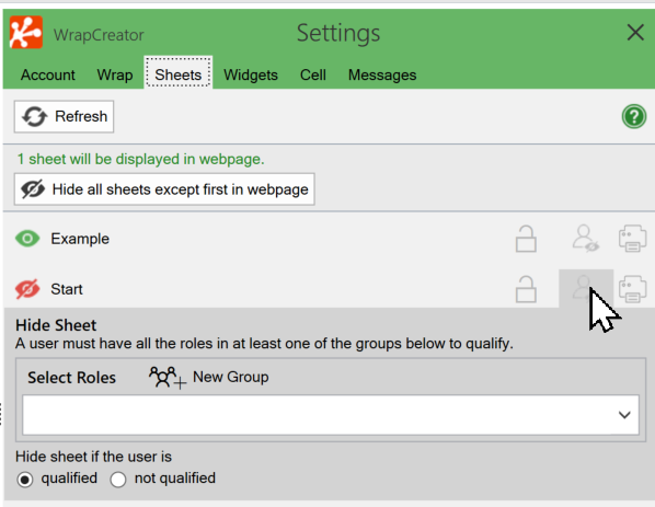 Screenshot of the Hide Sheet option on the Sheets tab in the task pane