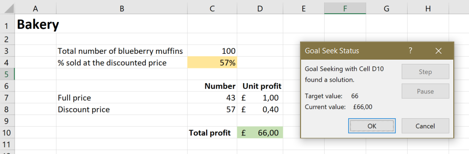 Screenshot of the result of the Goal Seek operation