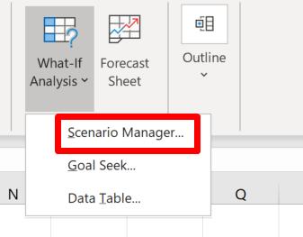 Screenshot of the Scenario Manager shortcut in the Forecasts group in the Data section of the ribbon
