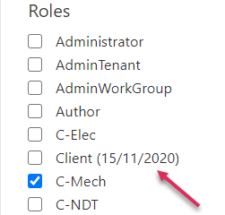 Screenshot of User definition with a temporary role