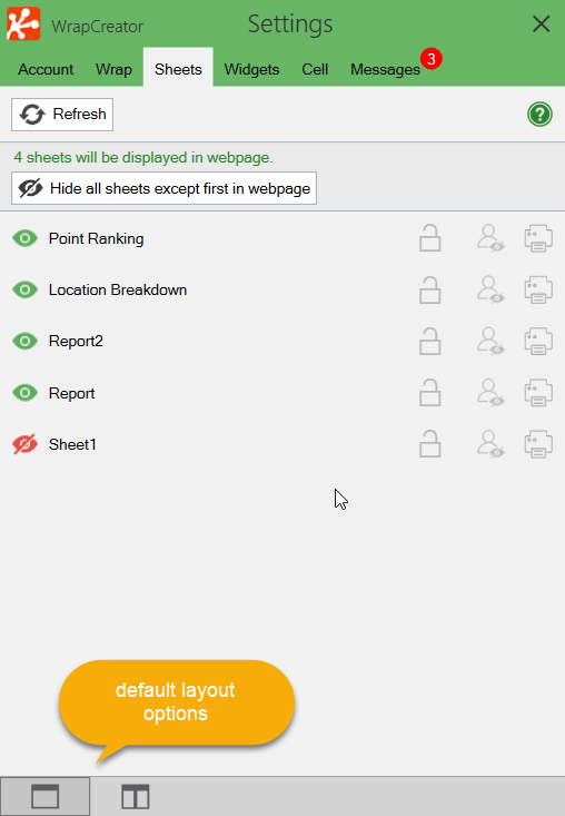 Screenshot of the Sheets tab with the default layout selector at the bottom