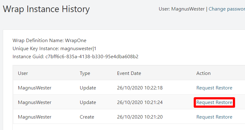 Screenshot of the Wrap Instance History page for an instance