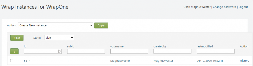 Screenshot of the list of instances for a Wrap