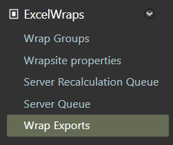 Screenshot of the Wrap Exports selection in the left-hand sidebar of the ExcelWraps Administration dashboard