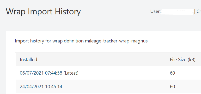 Screenshot of the Wrap Import History window