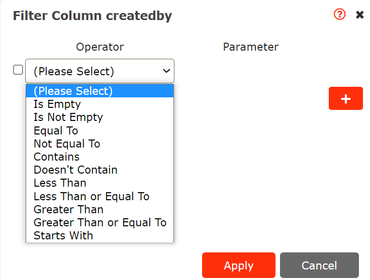 Screenshot of the operators you can use in the filter column wizard in MyWraps