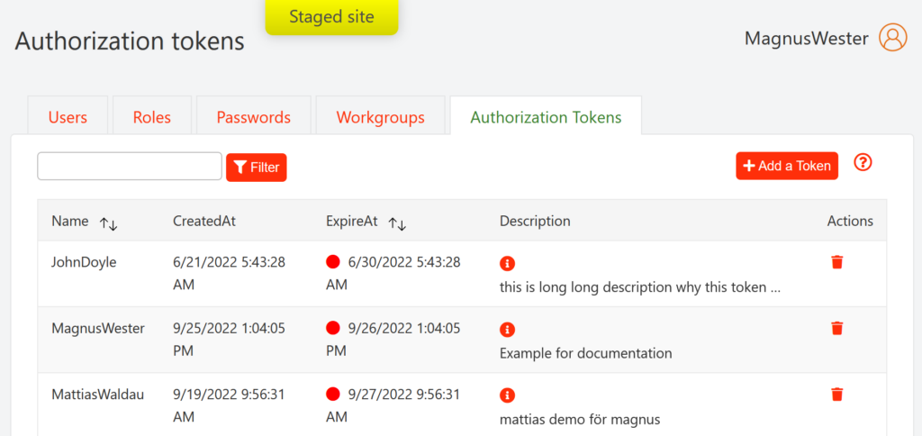 Screenshot of the Authorization tokens list on the Users tab on the ExcelWraps Administrative dashboard.